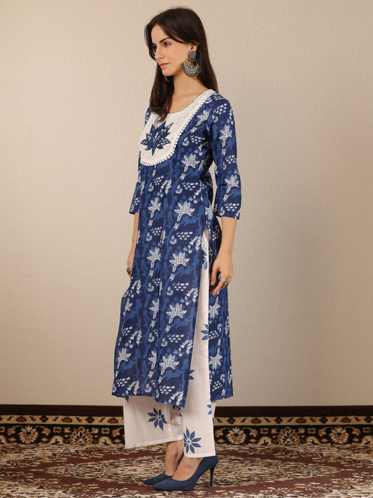 Blue Printed Cotton Straight Suit Set With Dupatta