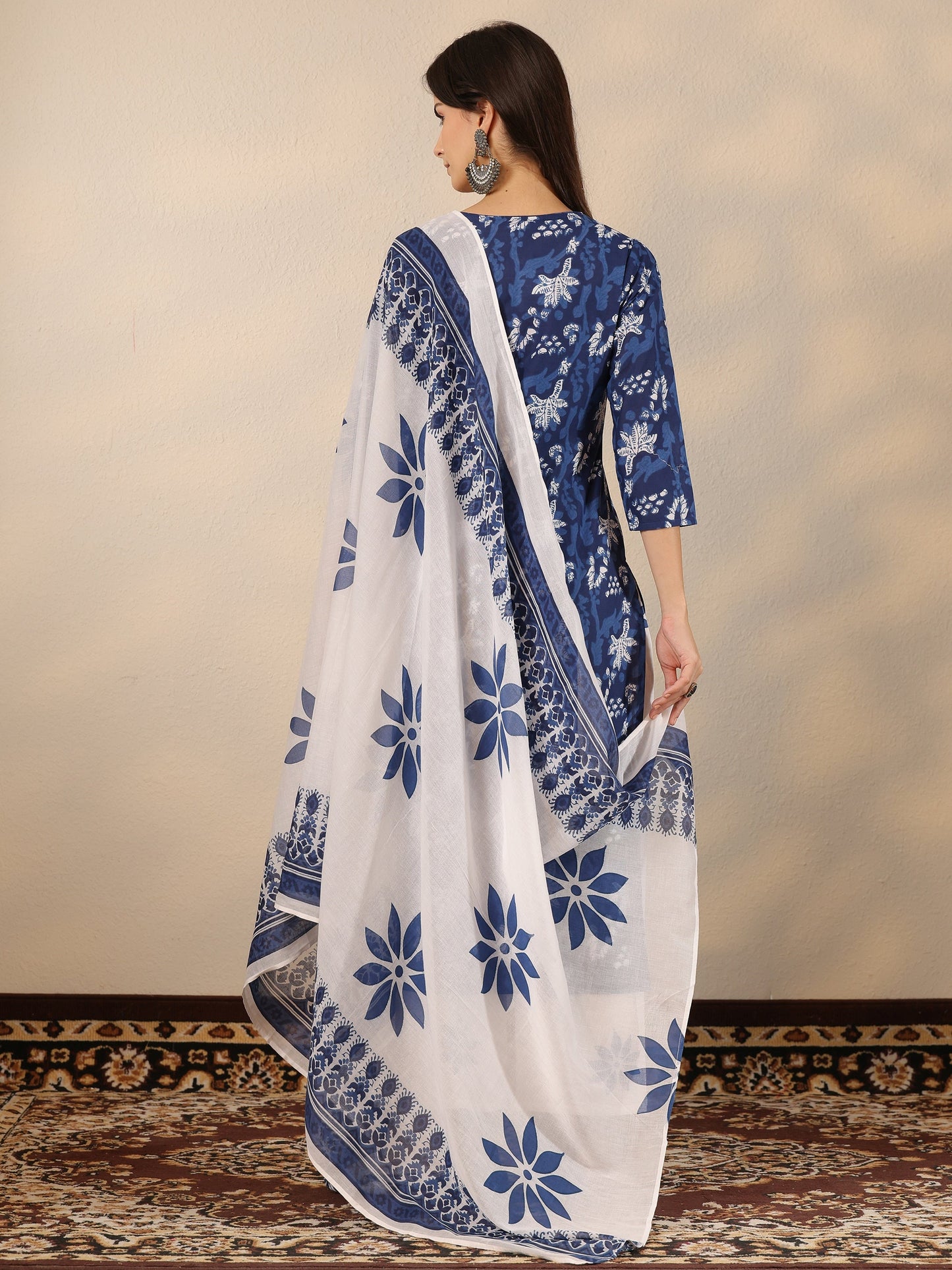 Blue Printed Cotton Straight Suit Set With Dupatta