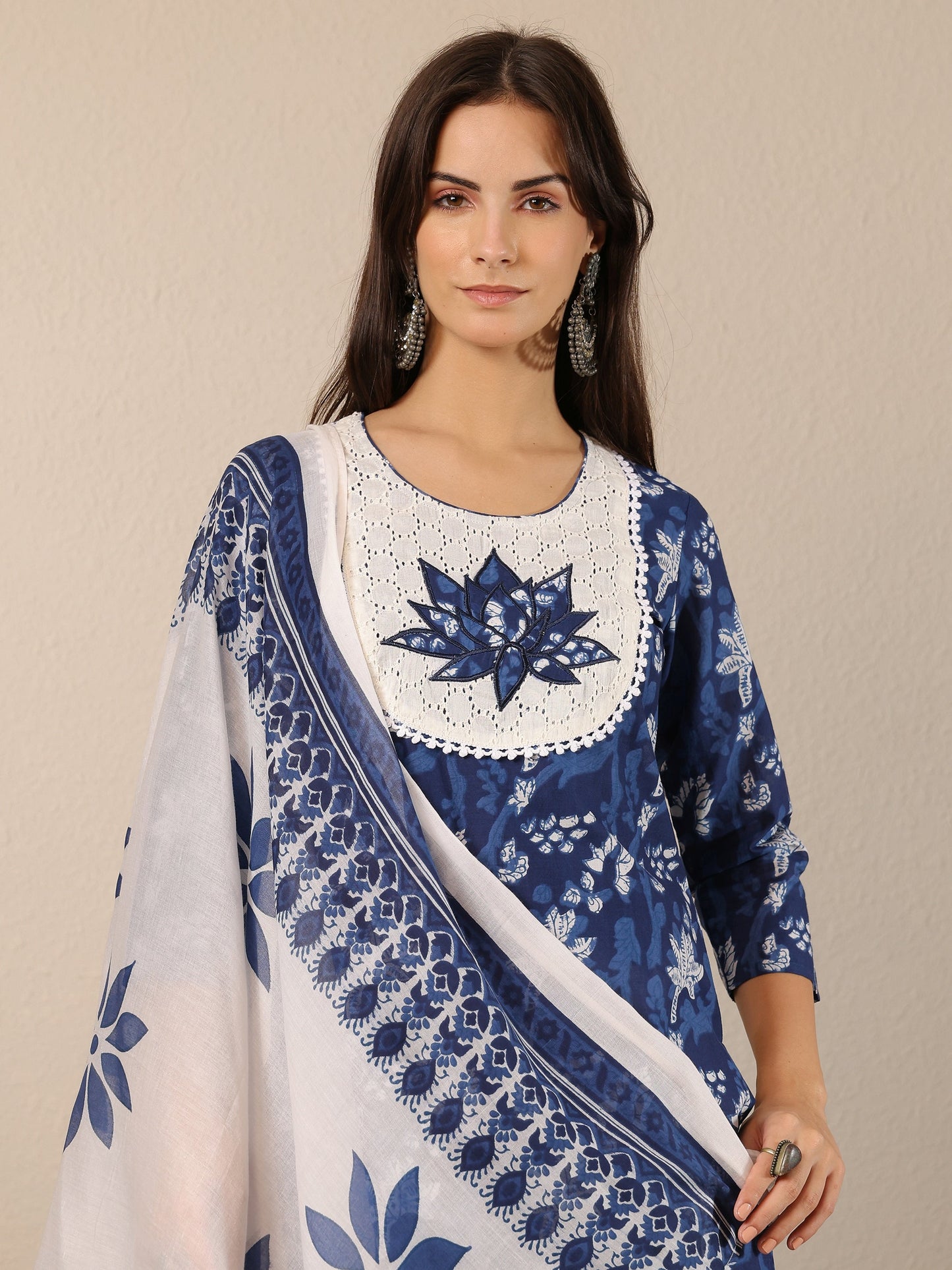 Blue Printed Cotton Straight Suit Set With Dupatta