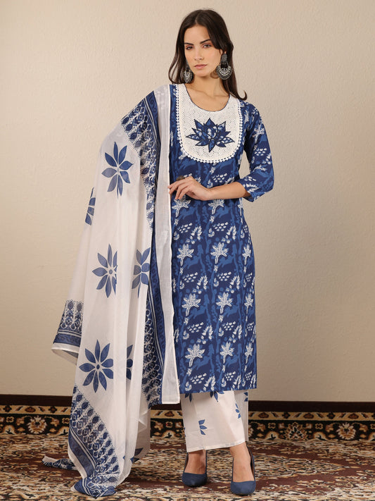 Blue Printed Cotton Straight Suit Set With Dupatta