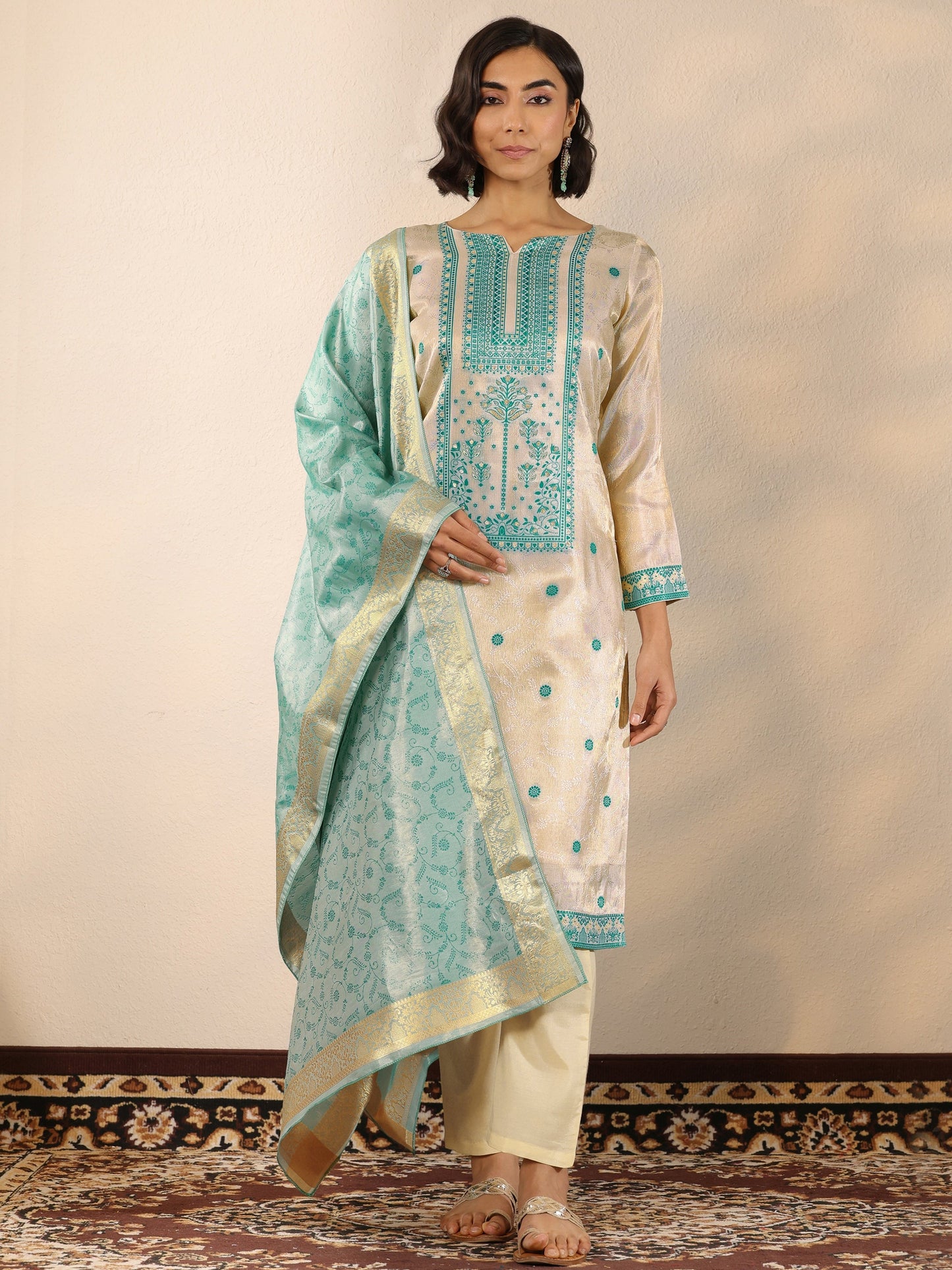 Off White Woven Design Silk Blend Straight Suit Set With Dupatta