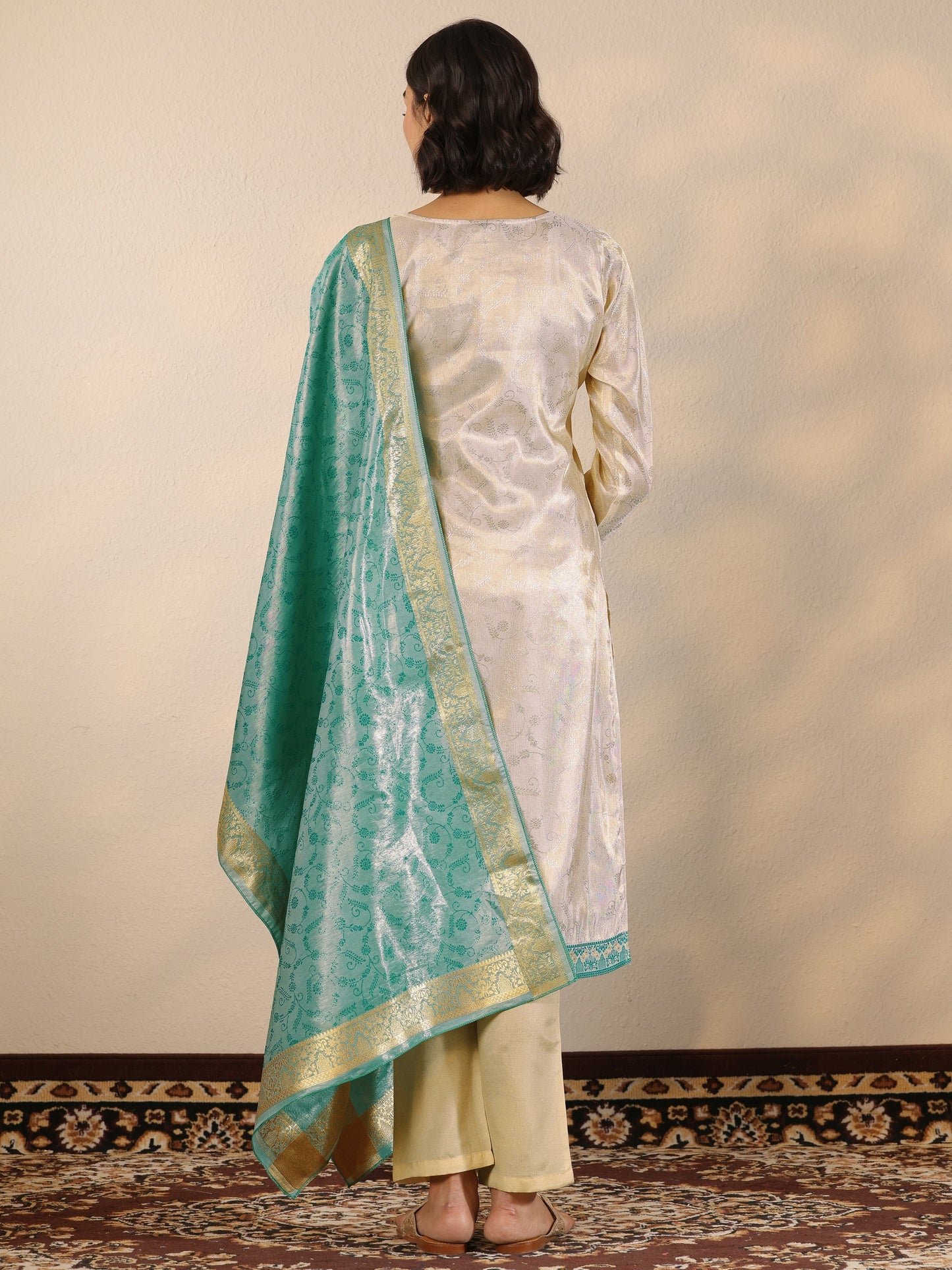 Off White Woven Design Silk Blend Straight Suit Set With Dupatta