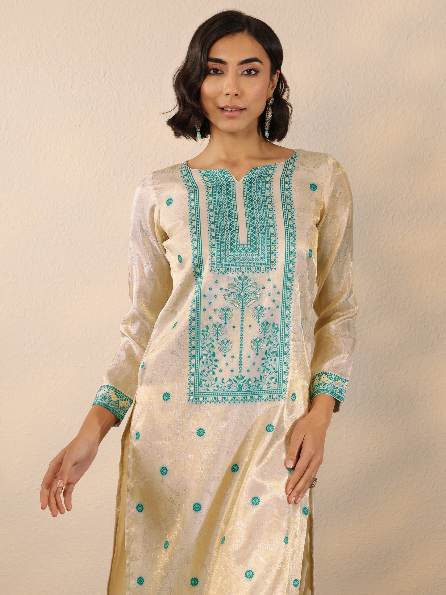 Off White Woven Design Silk Blend Straight Suit Set With Dupatta