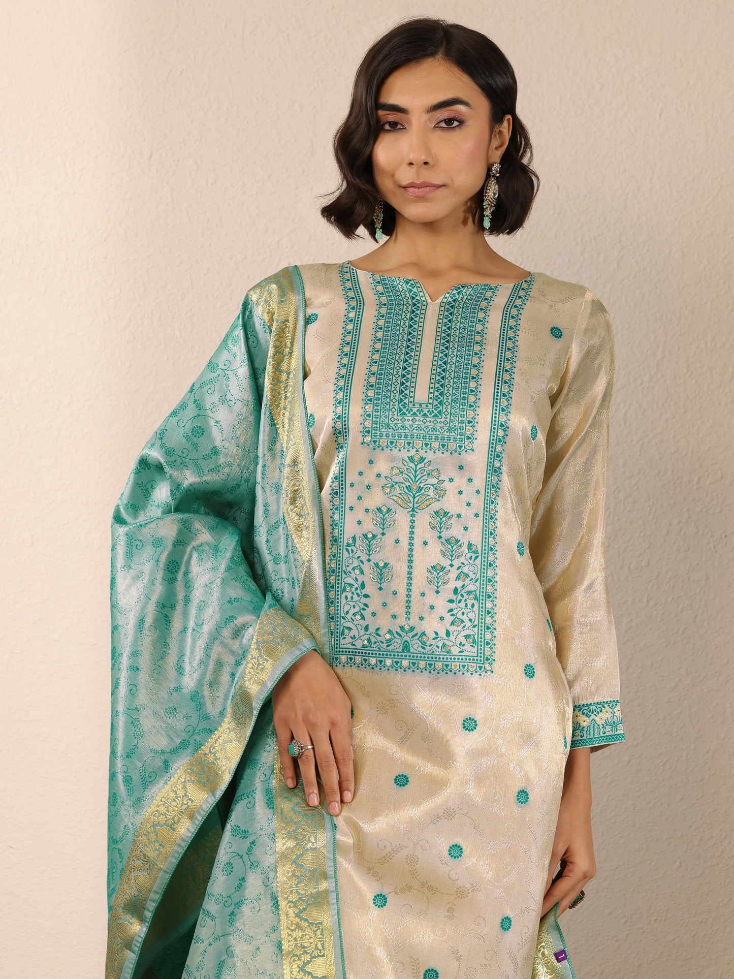 Off White Woven Design Silk Blend Straight Suit Set With Dupatta