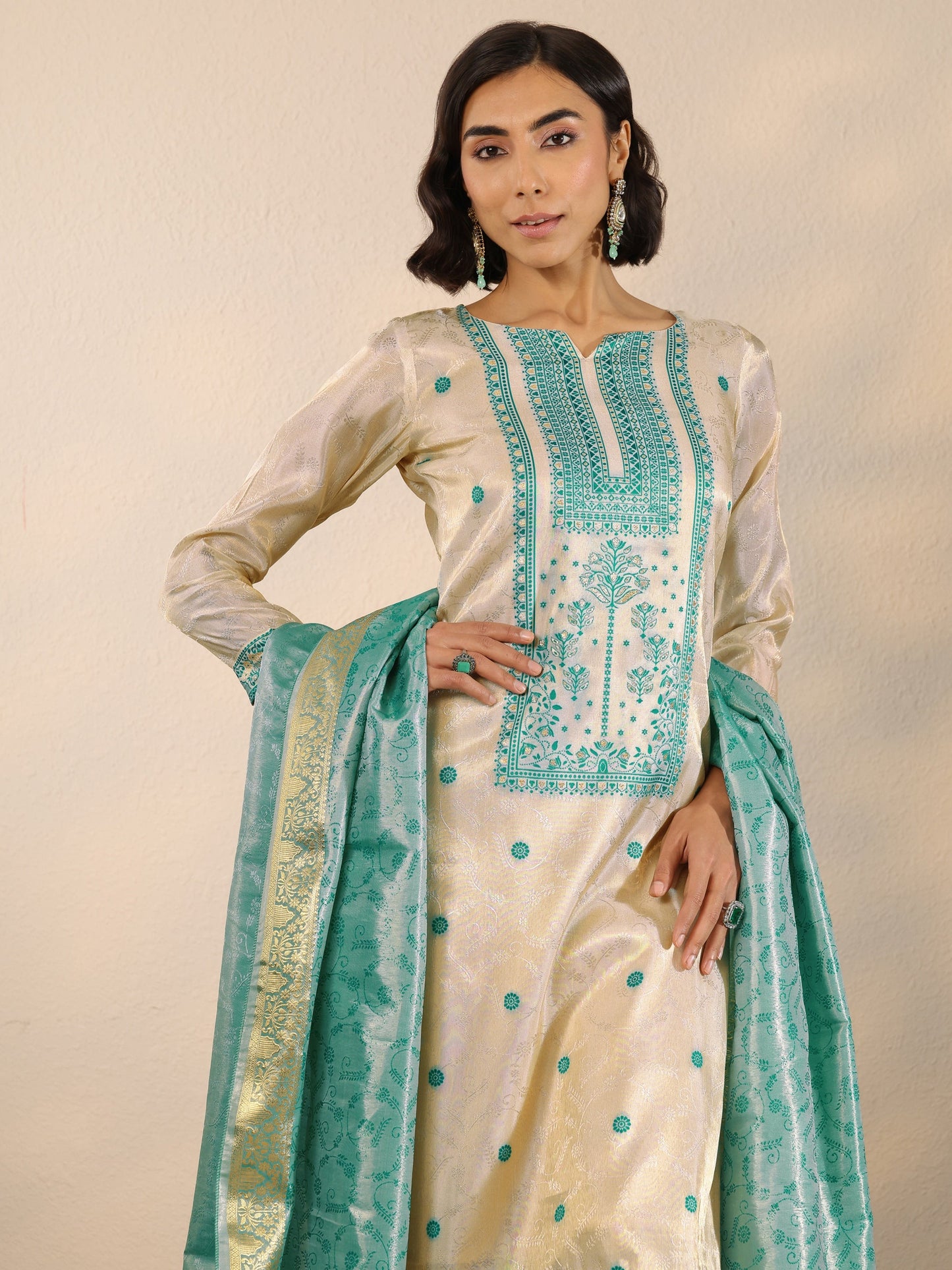 Off White Woven Design Silk Blend Straight Suit Set With Dupatta