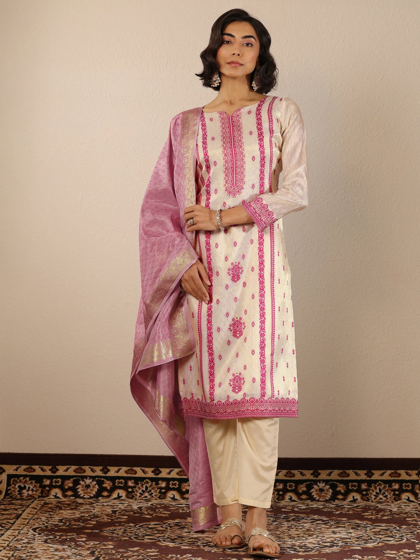 Off White Woven Design Silk Blend Straight Suit Set With Dupatta