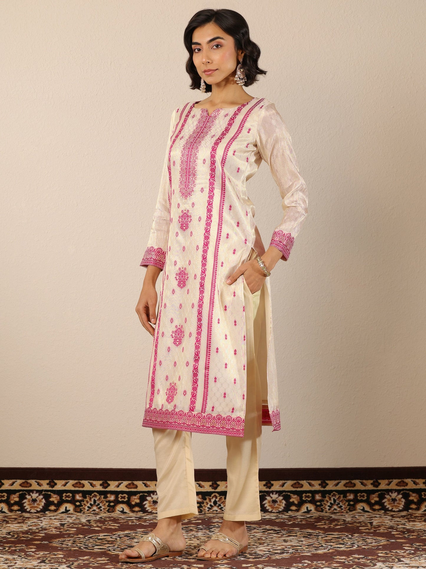 Off White Woven Design Silk Blend Straight Suit Set With Dupatta