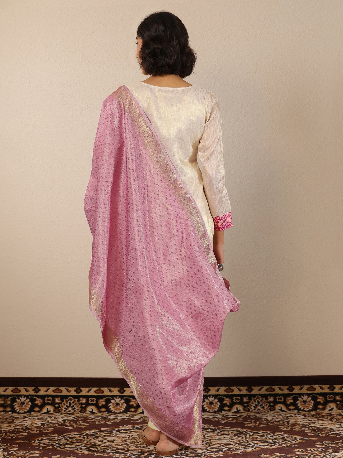 Off White Woven Design Silk Blend Straight Suit Set With Dupatta