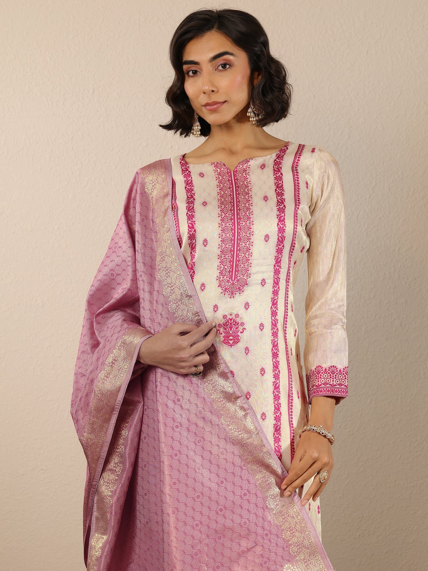 Off White Woven Design Silk Blend Straight Suit Set With Dupatta