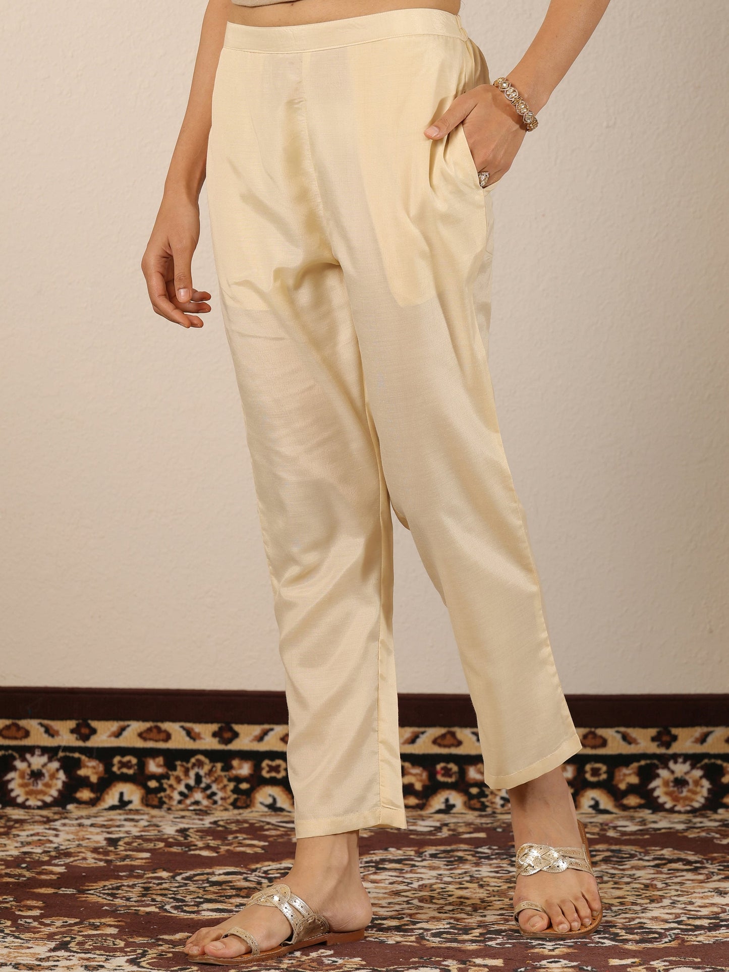 Off White Woven Design Silk Blend Straight Suit Set With Dupatta