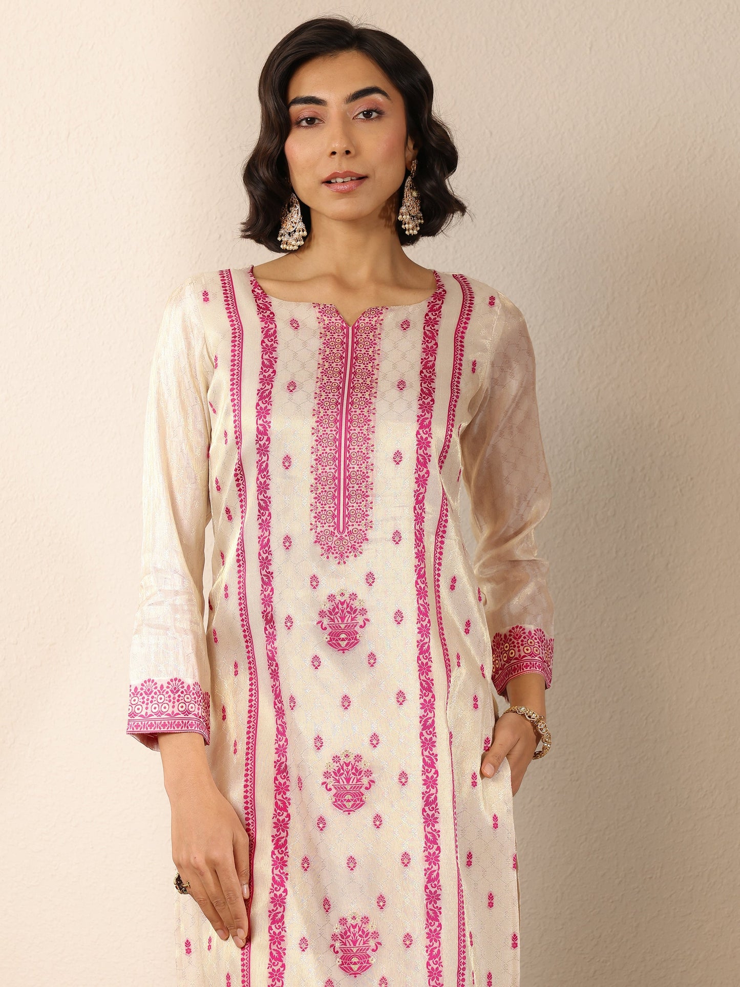 Off White Woven Design Silk Blend Straight Suit Set With Dupatta