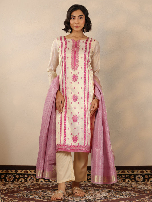 Off White Woven Design Silk Blend Straight Suit Set With Dupatta
