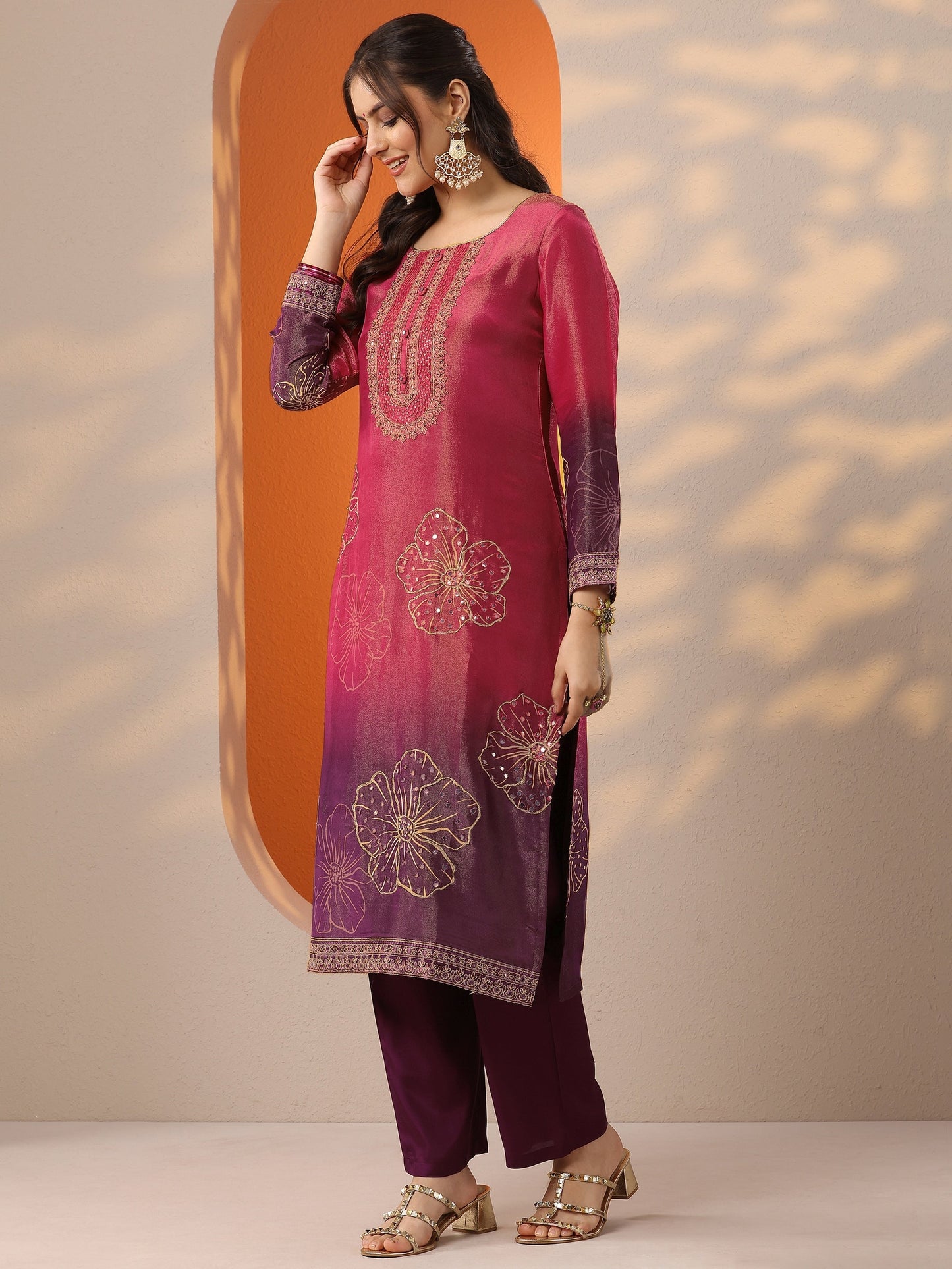 Libas Art Pink Printed Silk Blend Straight Suit Set With Dupatta