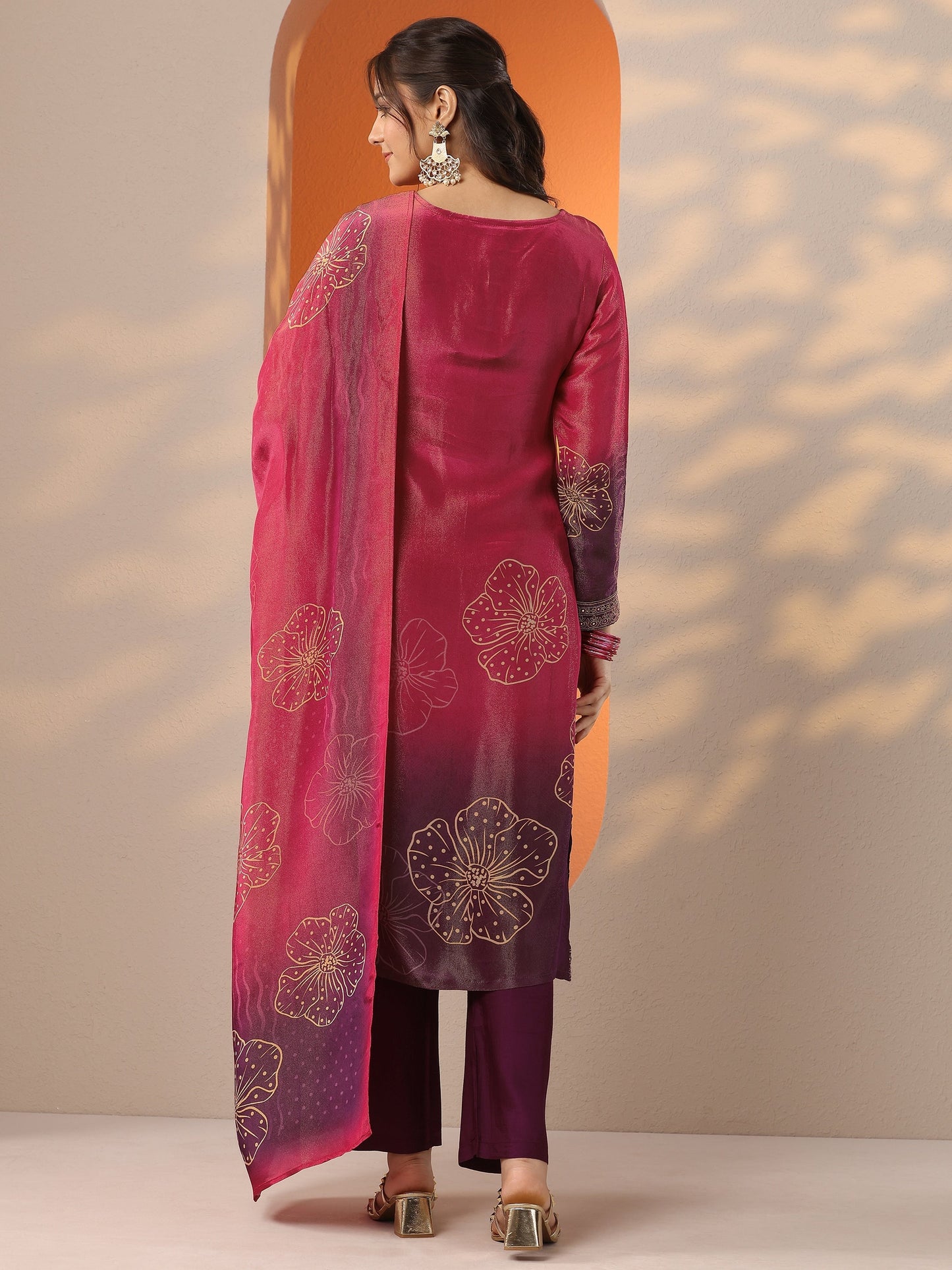 Libas Art Pink Printed Silk Blend Straight Suit Set With Dupatta