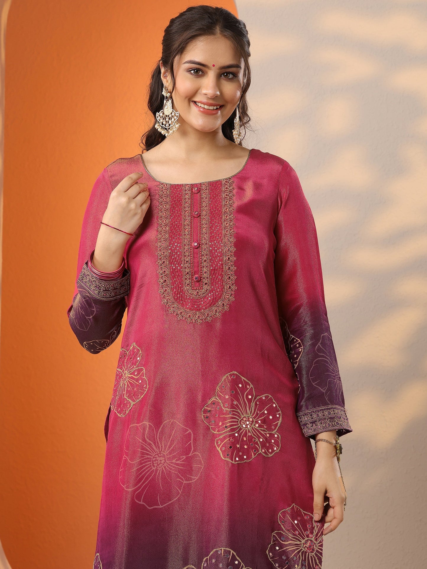 Libas Art Pink Printed Silk Blend Straight Suit Set With Dupatta