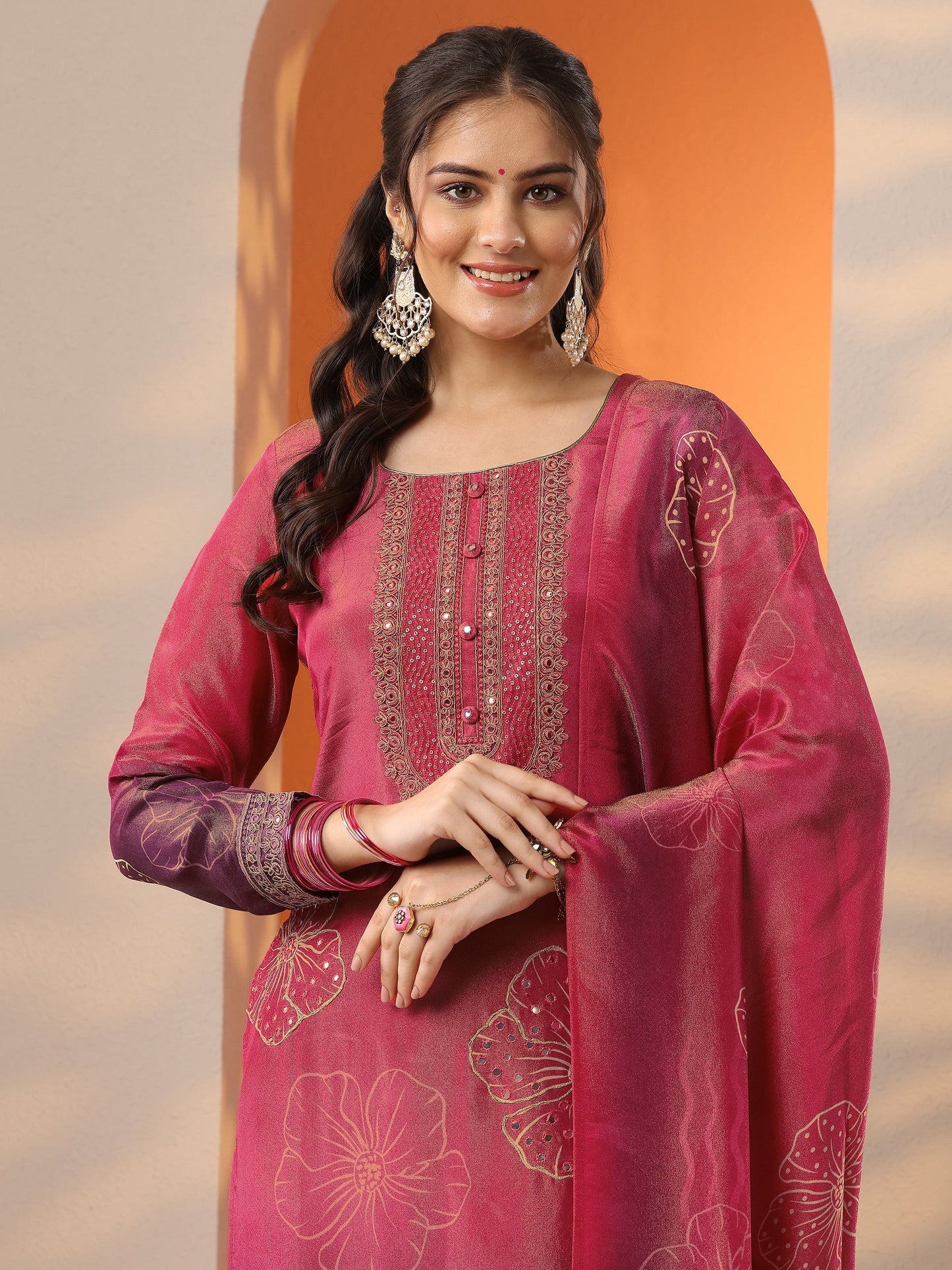 Libas Art Pink Printed Silk Blend Straight Suit Set With Dupatta