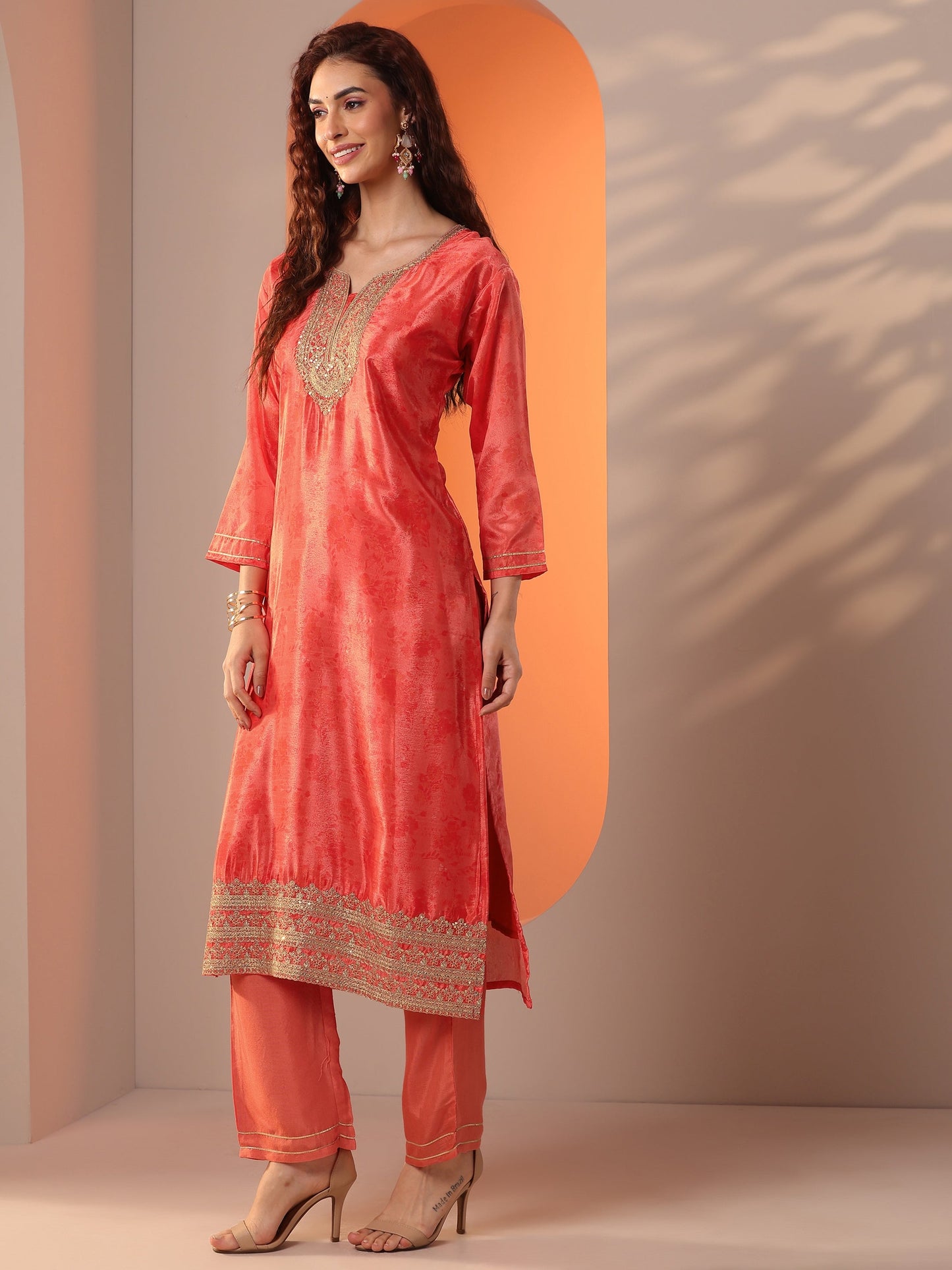 Orange Embellished Chinon Straight Suit Set With Dupatta