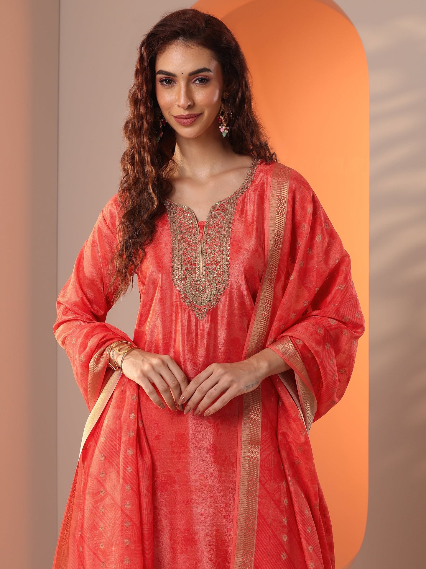 Orange Embellished Chinon Straight Suit Set With Dupatta