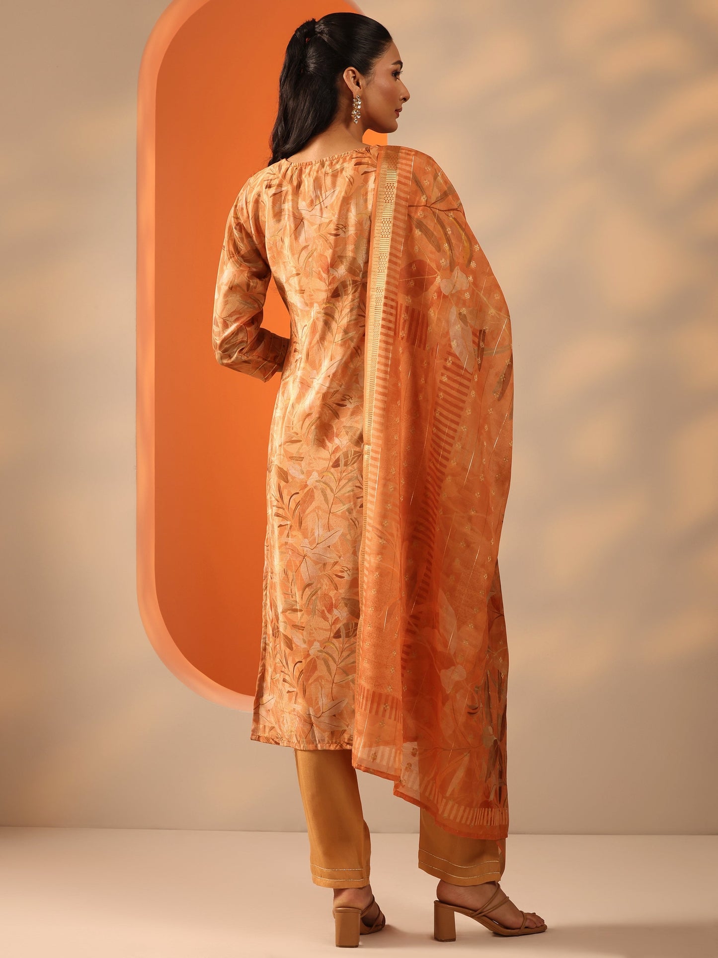 Orange Printed Chinon Straight Suit Set With Dupatta