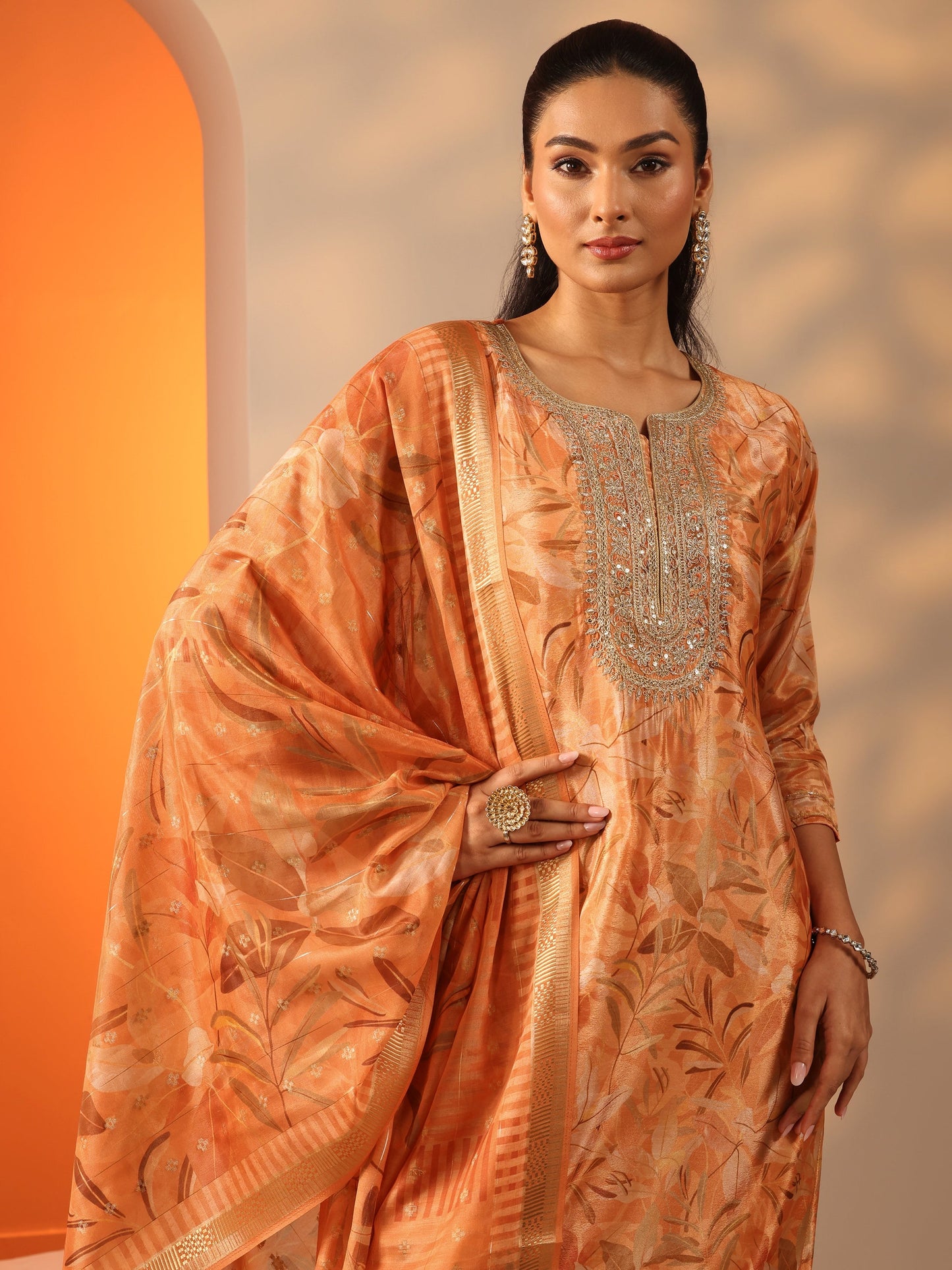 Orange Printed Chinon Straight Suit Set With Dupatta