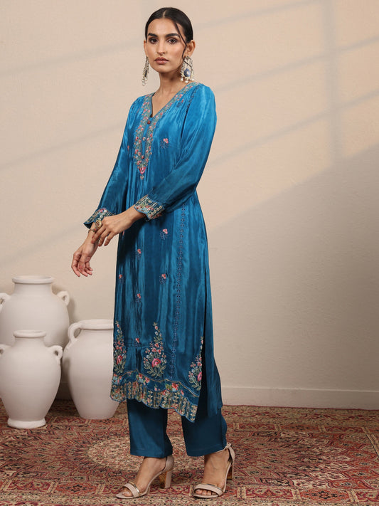 Libas Art Blue Embroidered Crepe Straight Suit Set With Dupatta