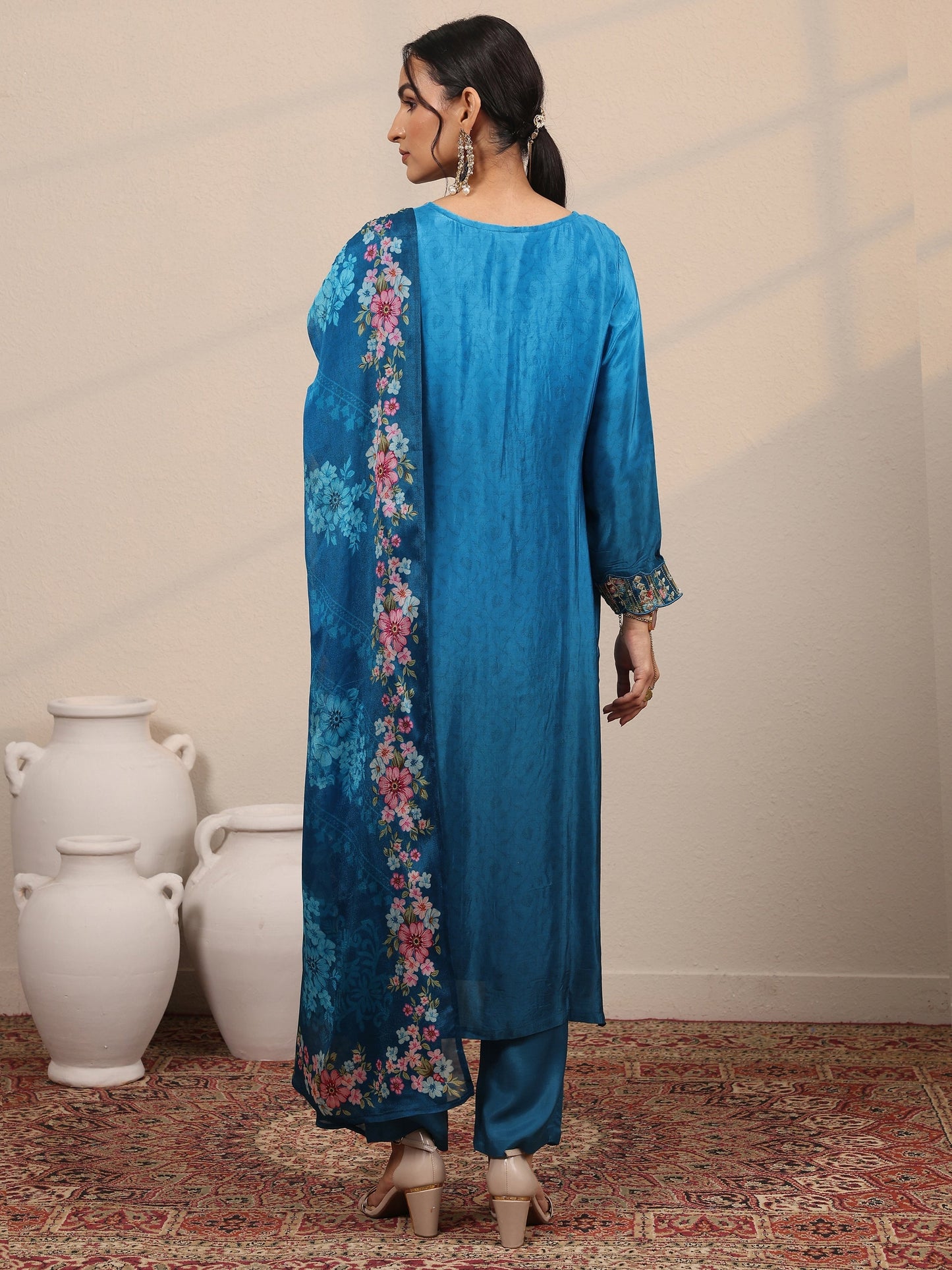 Libas Art Blue Embroidered Crepe Straight Suit Set With Dupatta