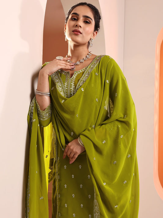 Green Embellished Georgette Straight Suit Set With Dupatta
