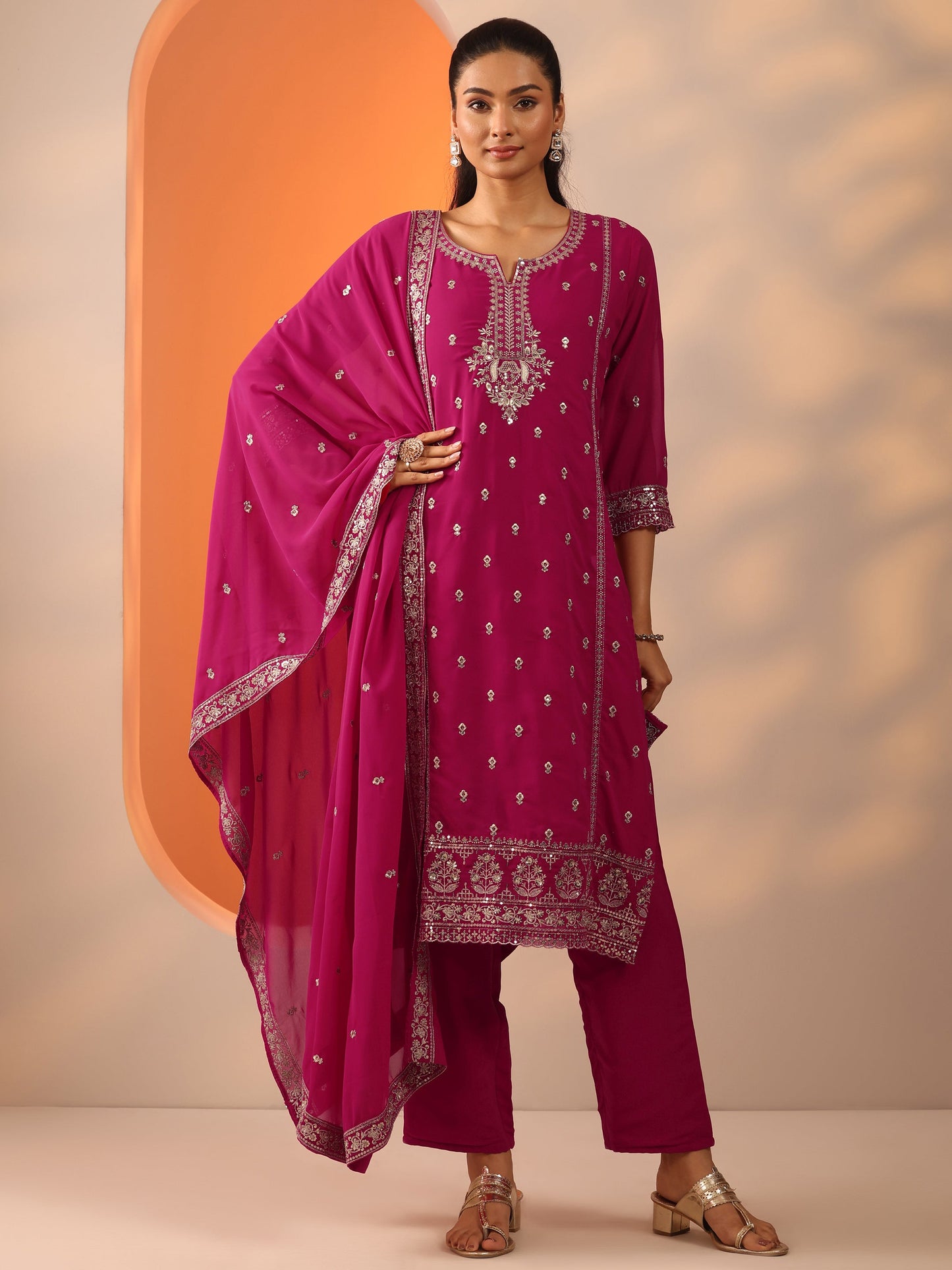 Pink Embellished Georgette Straight Suit Set With Dupatta