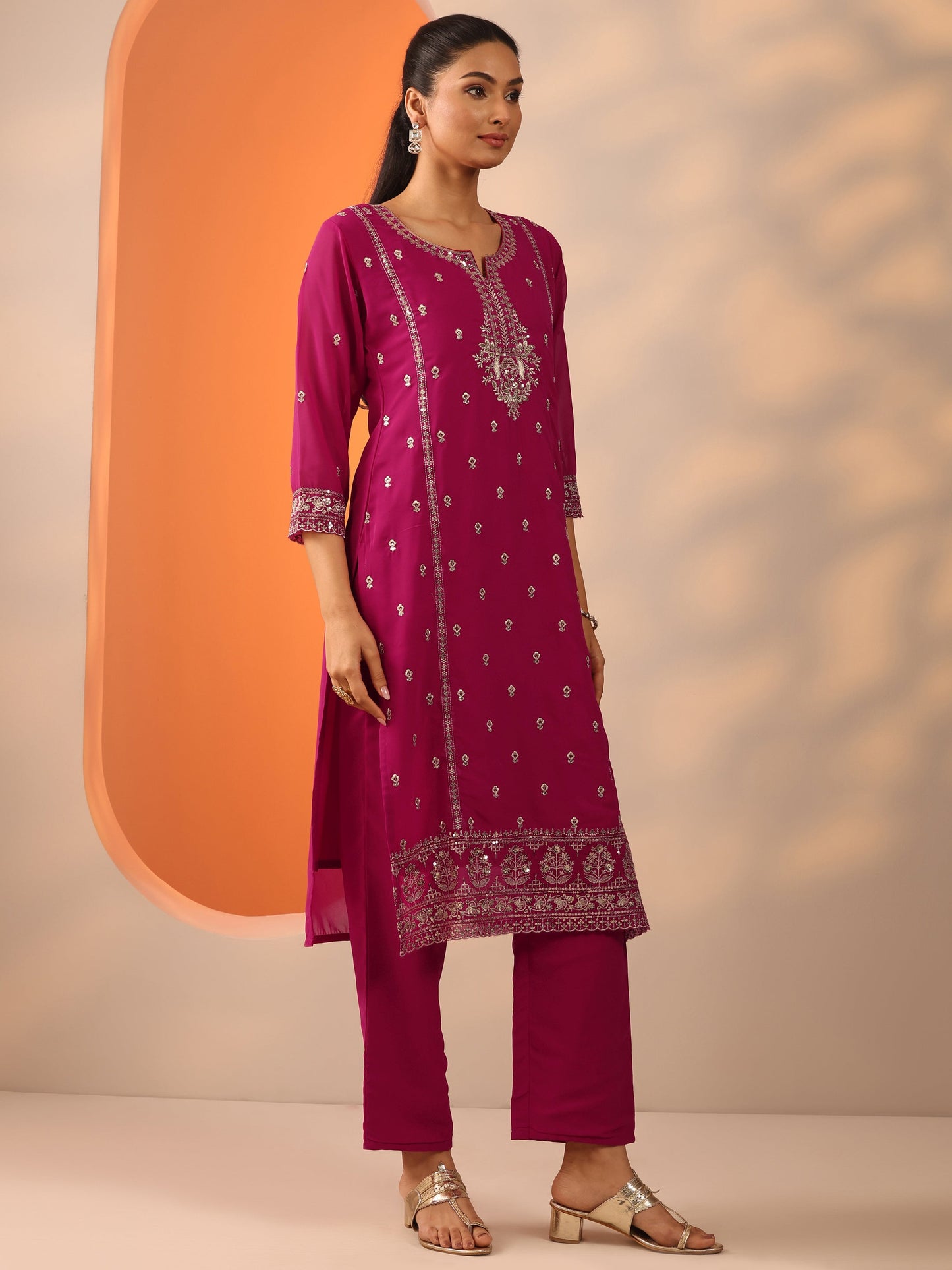 Pink Embellished Georgette Straight Suit Set With Dupatta