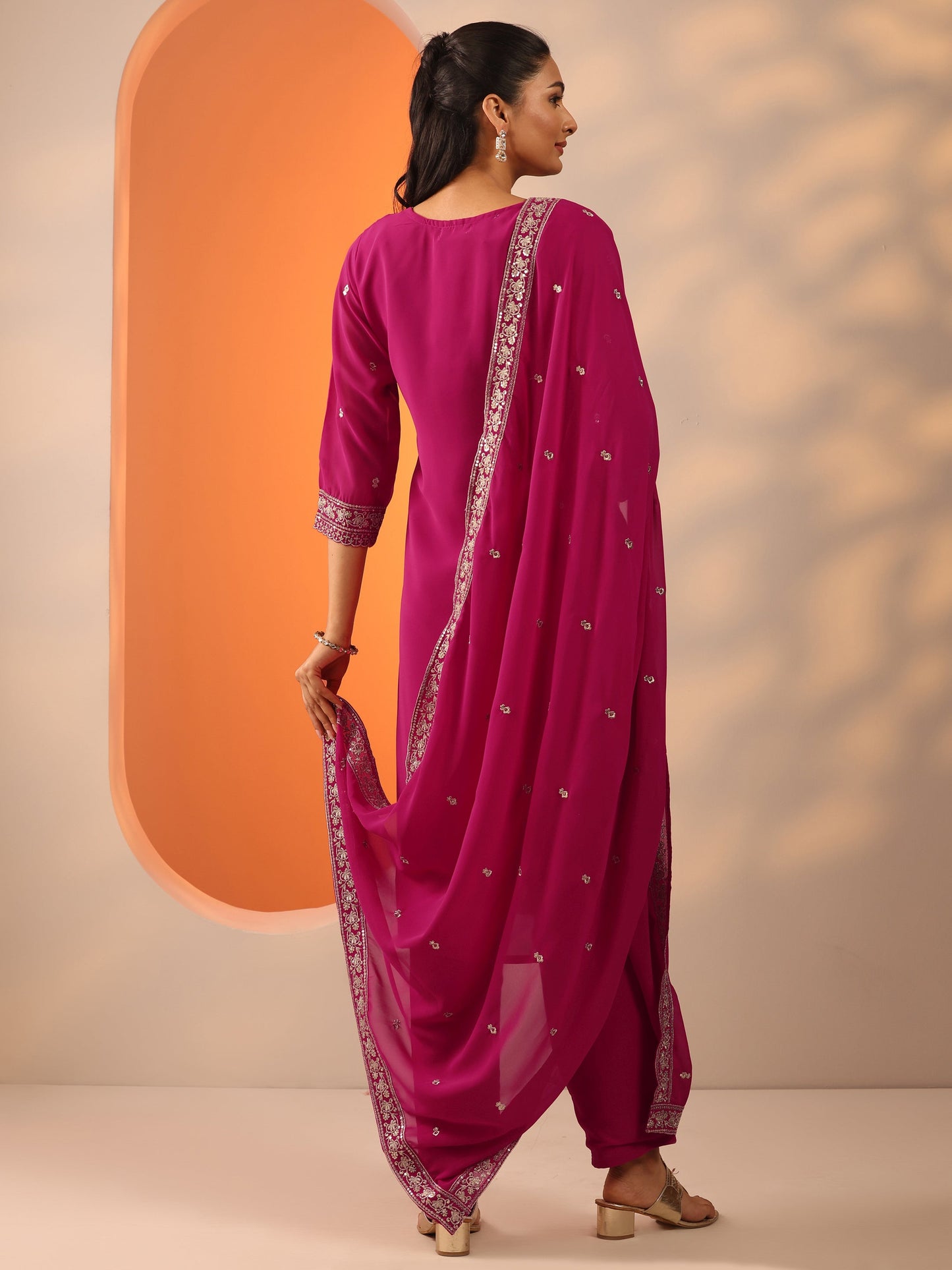 Pink Embellished Georgette Straight Suit Set With Dupatta