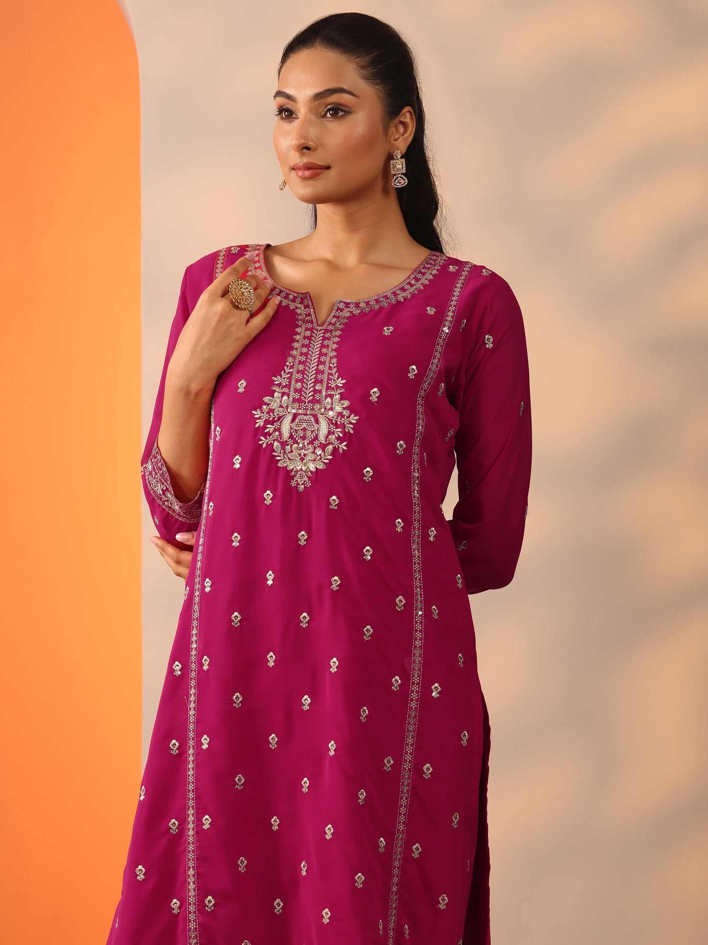 Pink Embellished Georgette Straight Suit Set With Dupatta