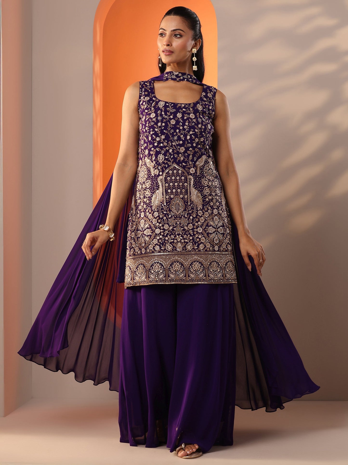 Libas Art Burgundy Embellished Georgette Straight Suit Set With Dupatta