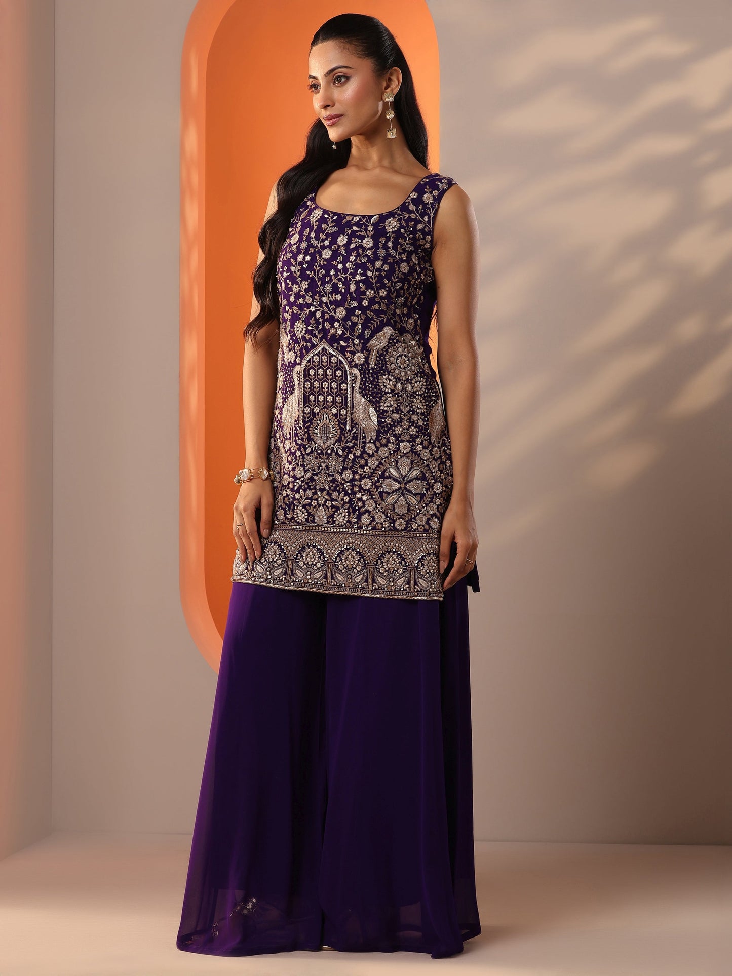 Libas Art Burgundy Embellished Georgette Straight Suit Set With Dupatta