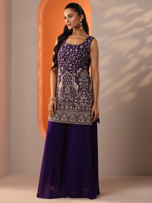 Libas Art Burgundy Embellished Georgette Straight Suit Set With Dupatta