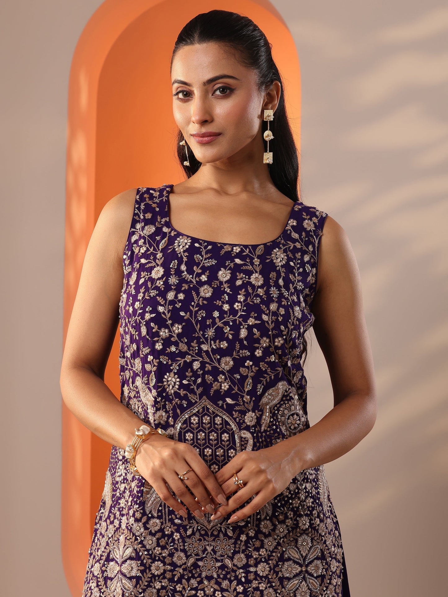 Libas Art Burgundy Embellished Georgette Straight Suit Set With Dupatta