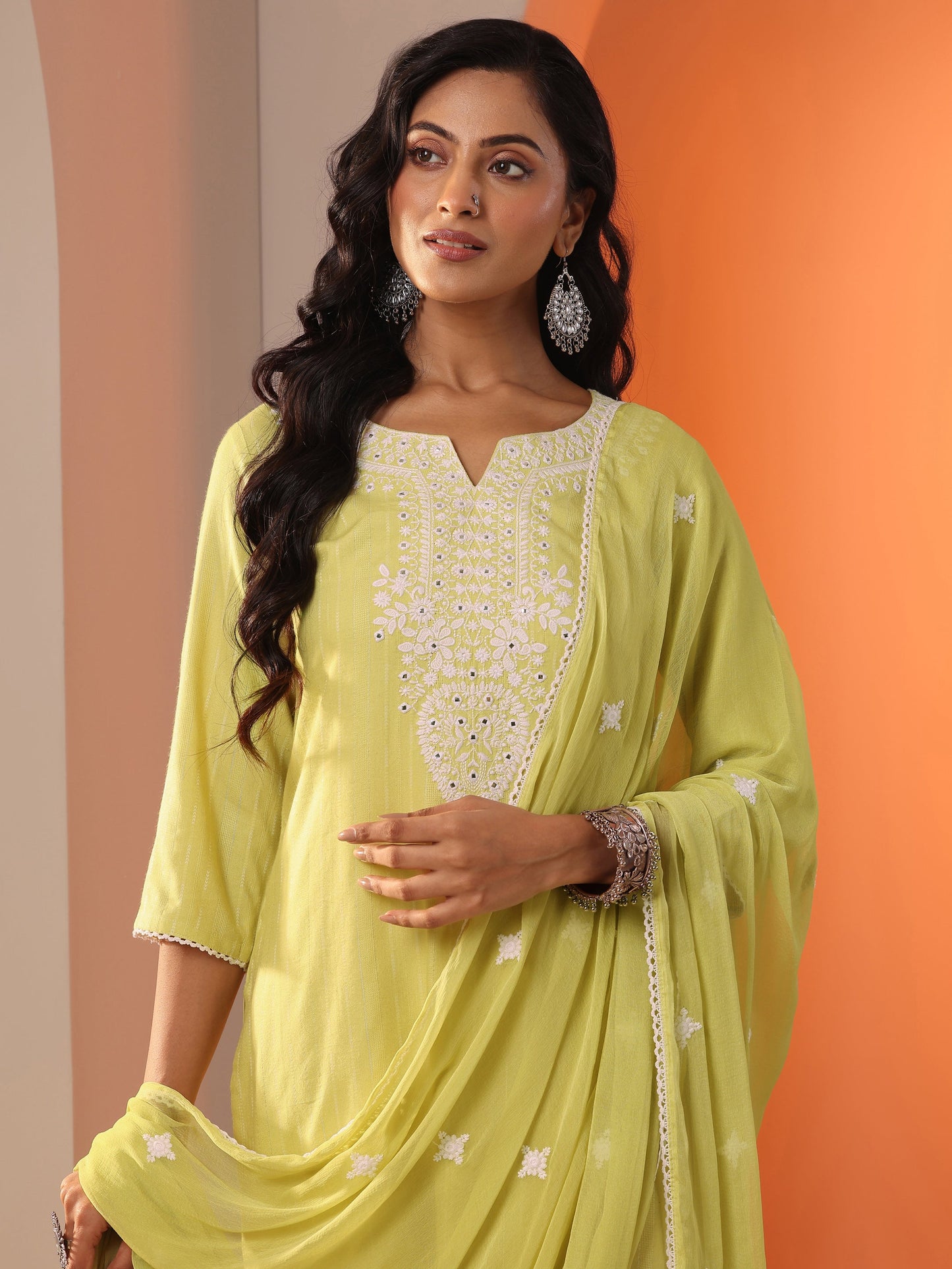 Green Embroidered Cotton Straight Suit Set With Dupatta
