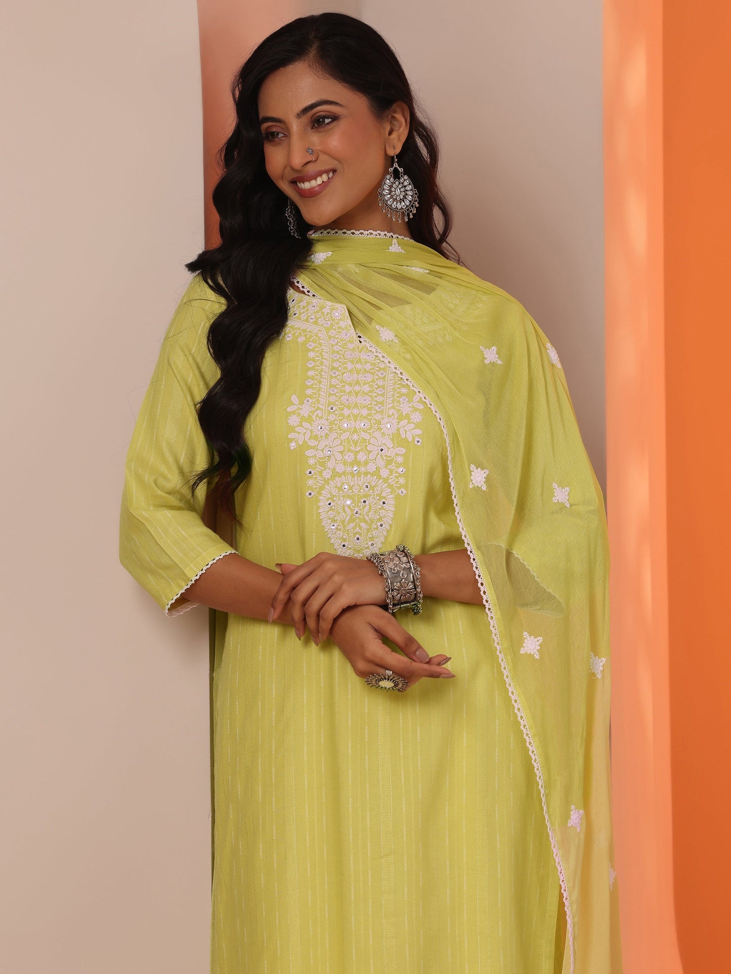 Green Embroidered Cotton Straight Suit Set With Dupatta