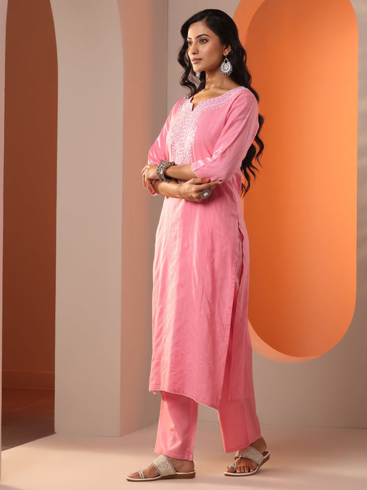 Peach Embroidered Cotton Straight Suit Set With Dupatta