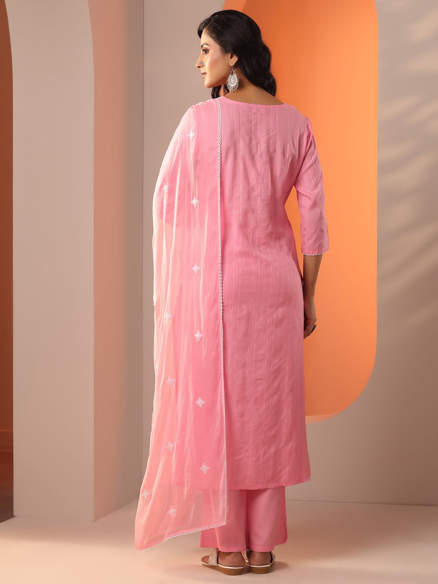 Peach Embroidered Cotton Straight Suit Set With Dupatta