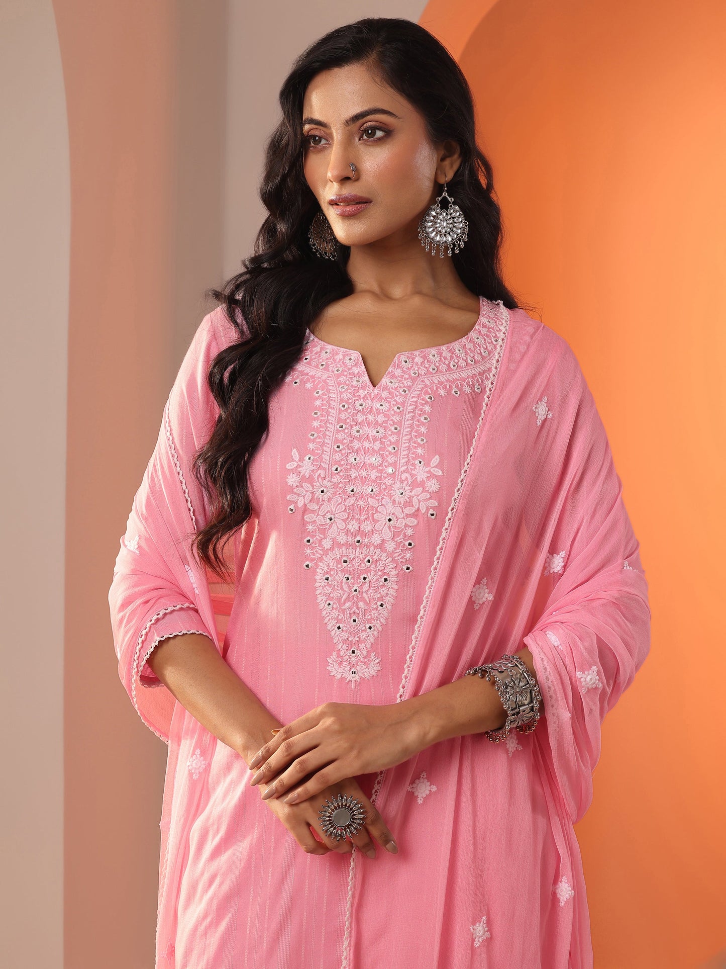 Peach Embroidered Cotton Straight Suit Set With Dupatta