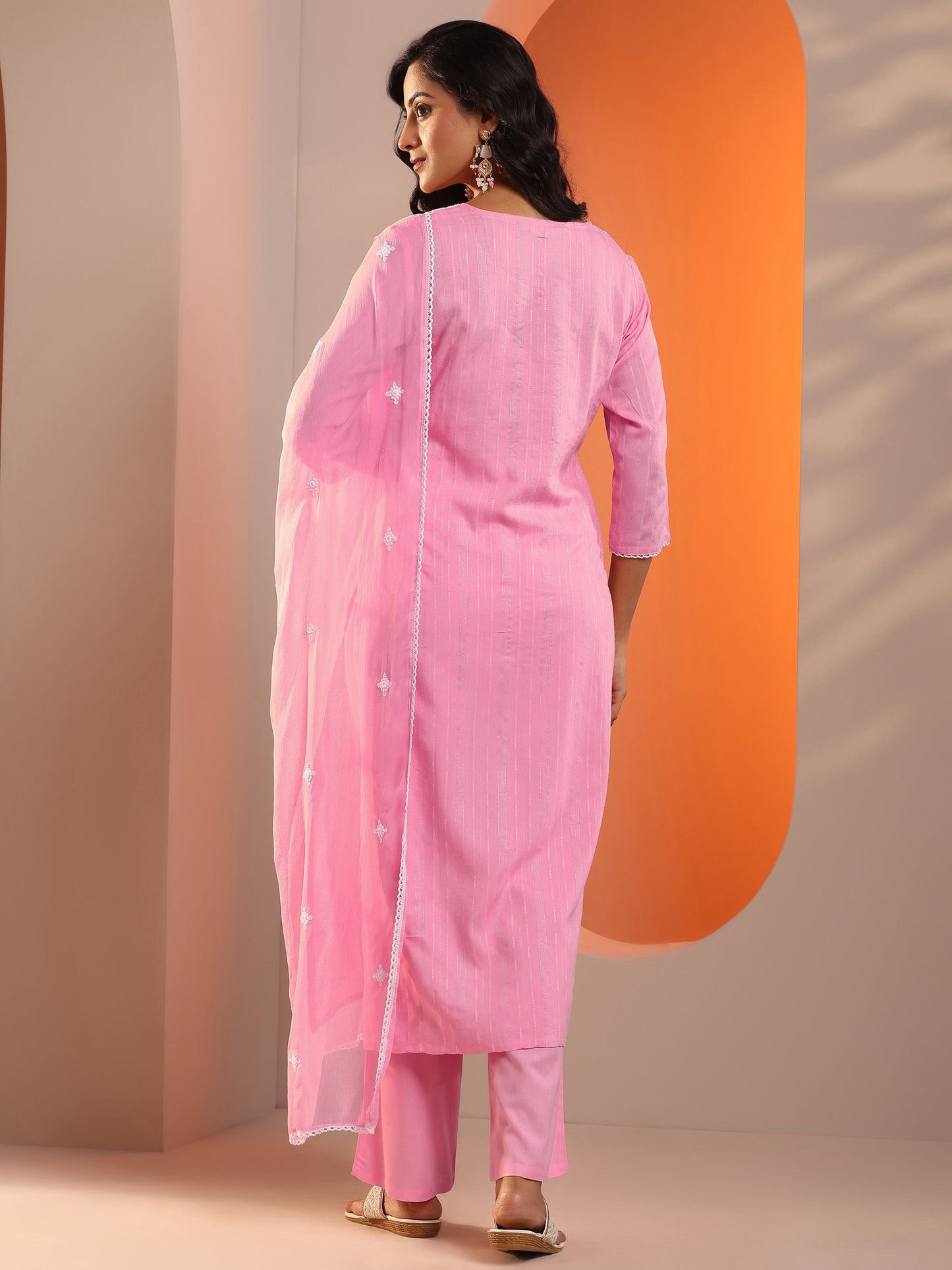 Pink Embroidered Cotton Straight Suit Set With Dupatta