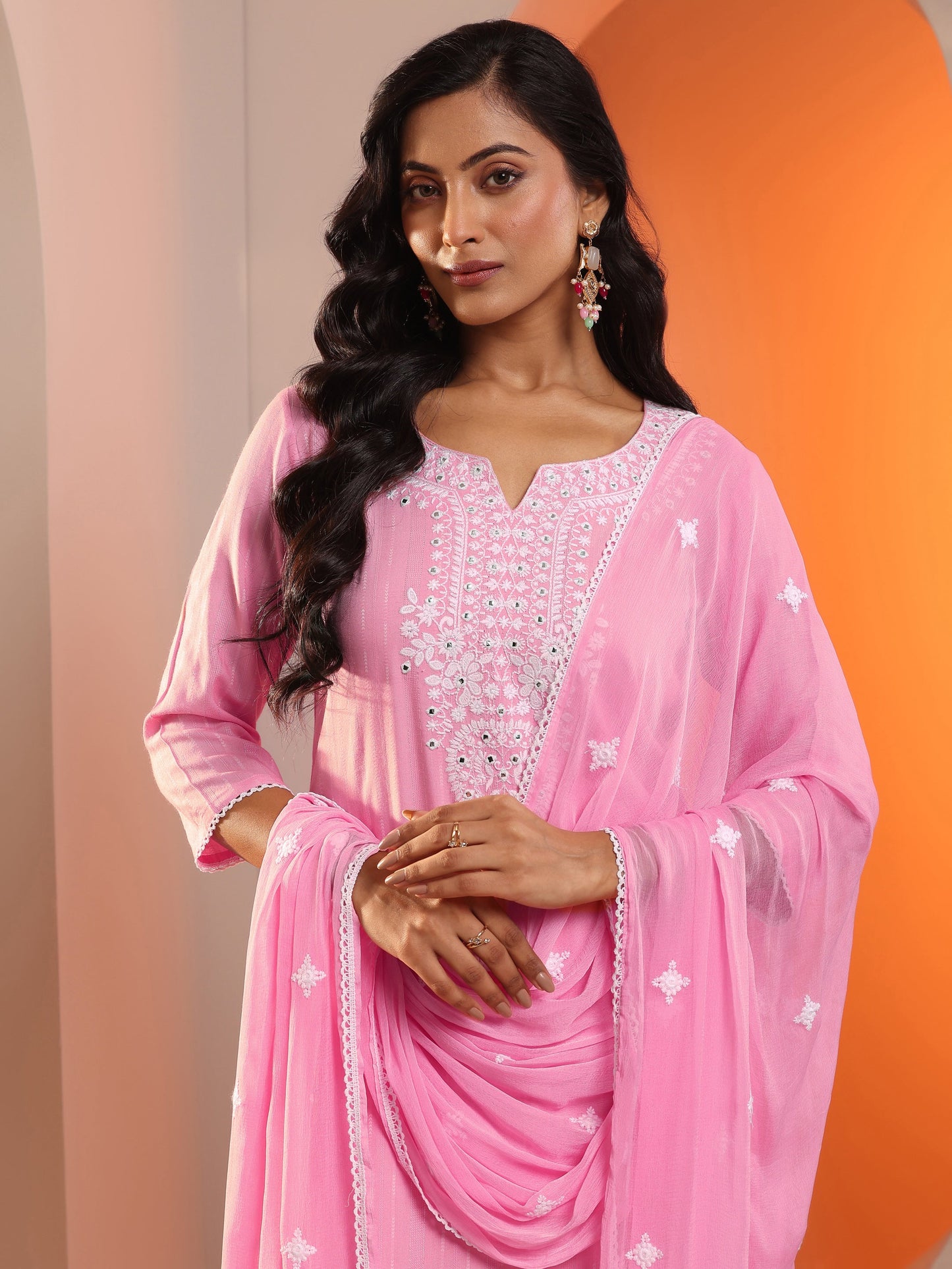 Pink Embroidered Cotton Straight Suit Set With Dupatta