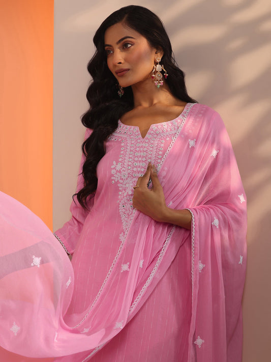 Pink Embroidered Cotton Straight Suit Set With Dupatta
