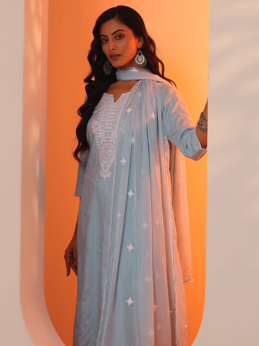 Blue Embroidered Cotton Straight Suit Set With Dupatta
