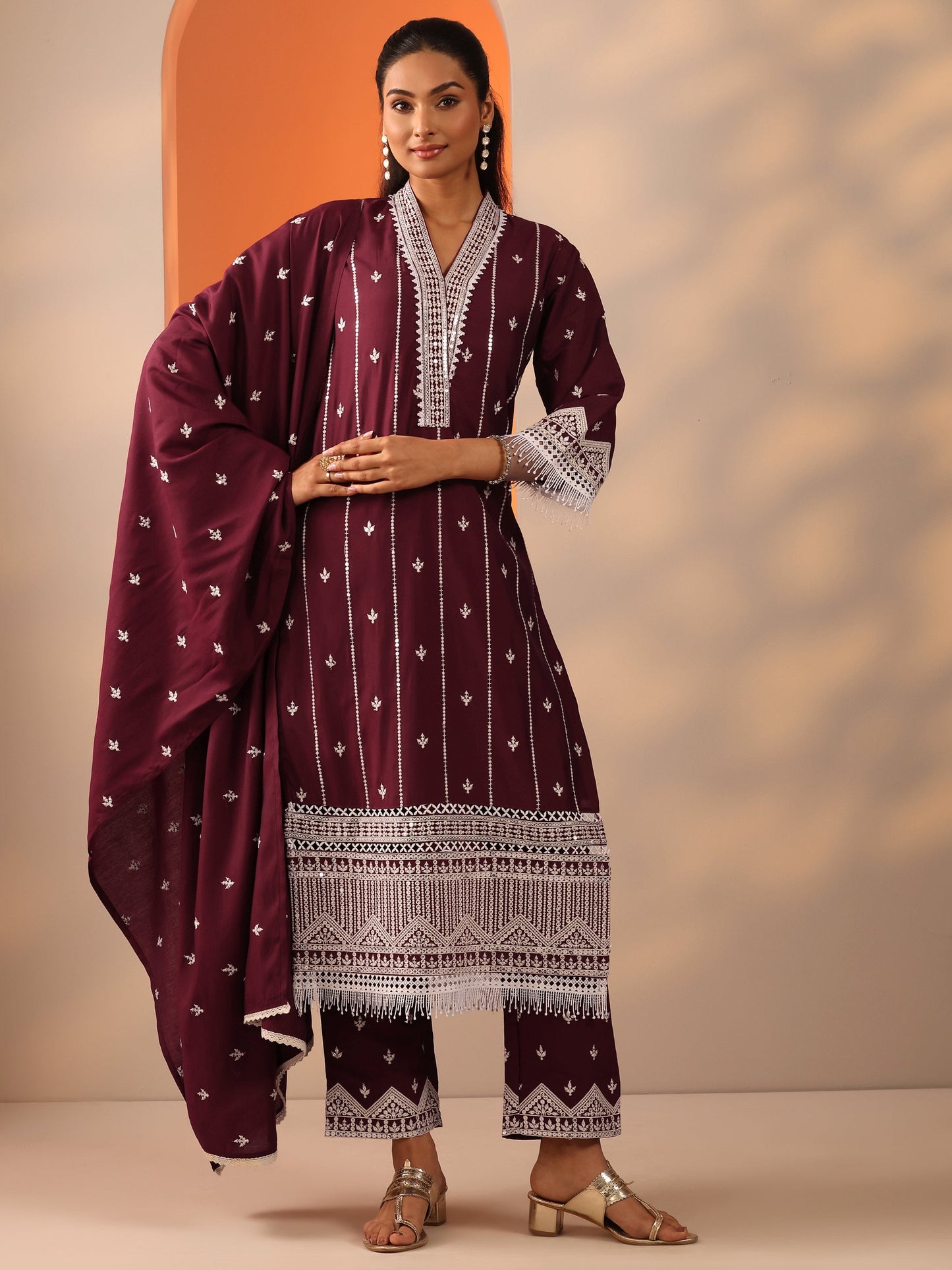 Maroon Embroidered Silk Blend Straight Suit Set With Dupatta