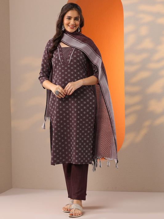 Maroon Woven Design Cotton Blend Straight Suit Set With Dupatta