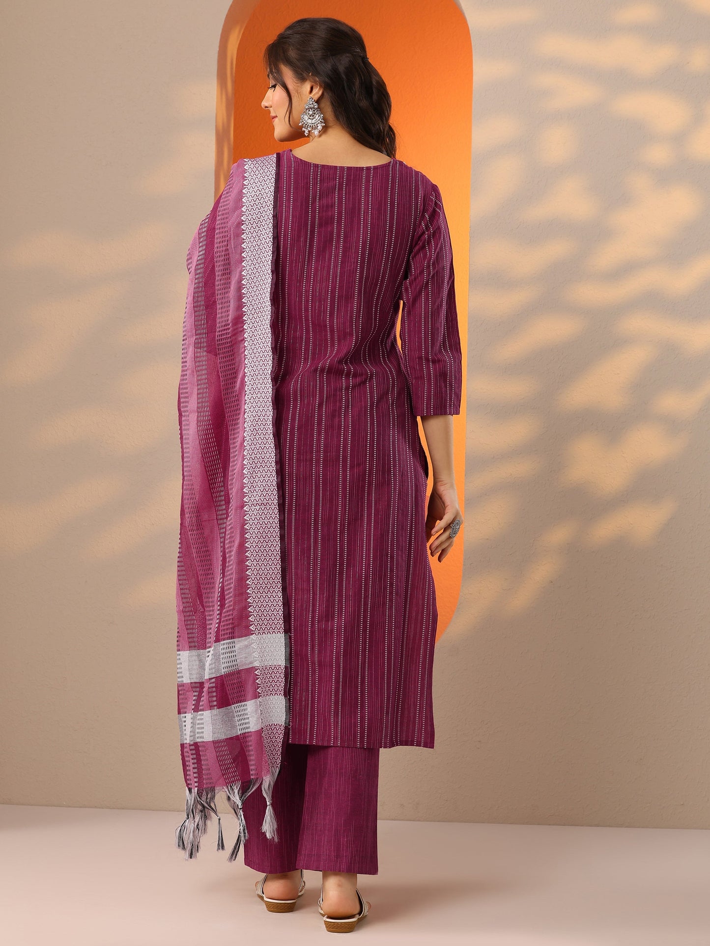 Pink Woven Design Cotton Blend Straight Suit Set With Dupatta