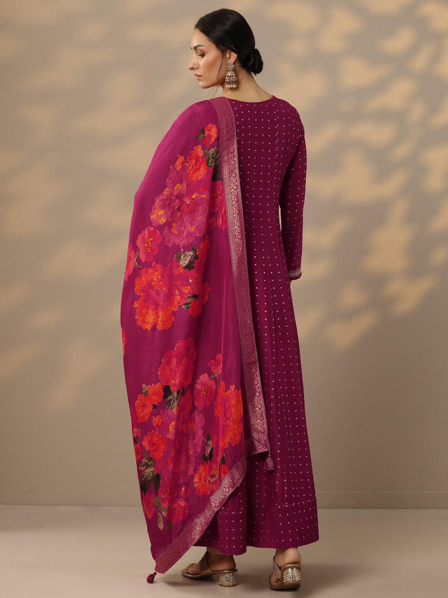 Magenta Embellished Silk Blend A-Line Gown With Dupatta