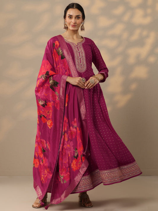 Magenta Embellished Silk Blend A-Line Gown With Dupatta