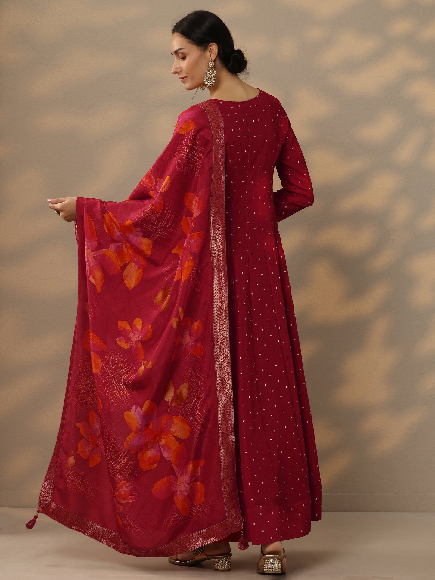 Red Embellished Silk Blend A-Line Gown With Dupatta
